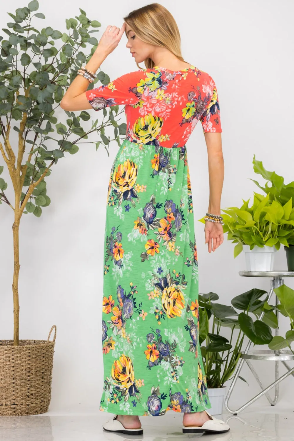 Full Size Printed Round Neck Short Sleeve Maxi Dress