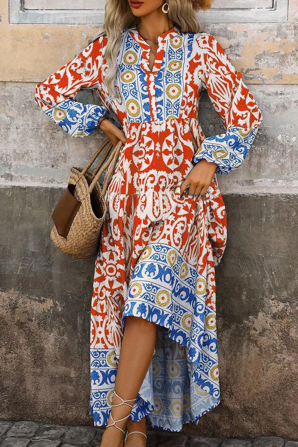 Geometric Long Sleeve Maxi Dress