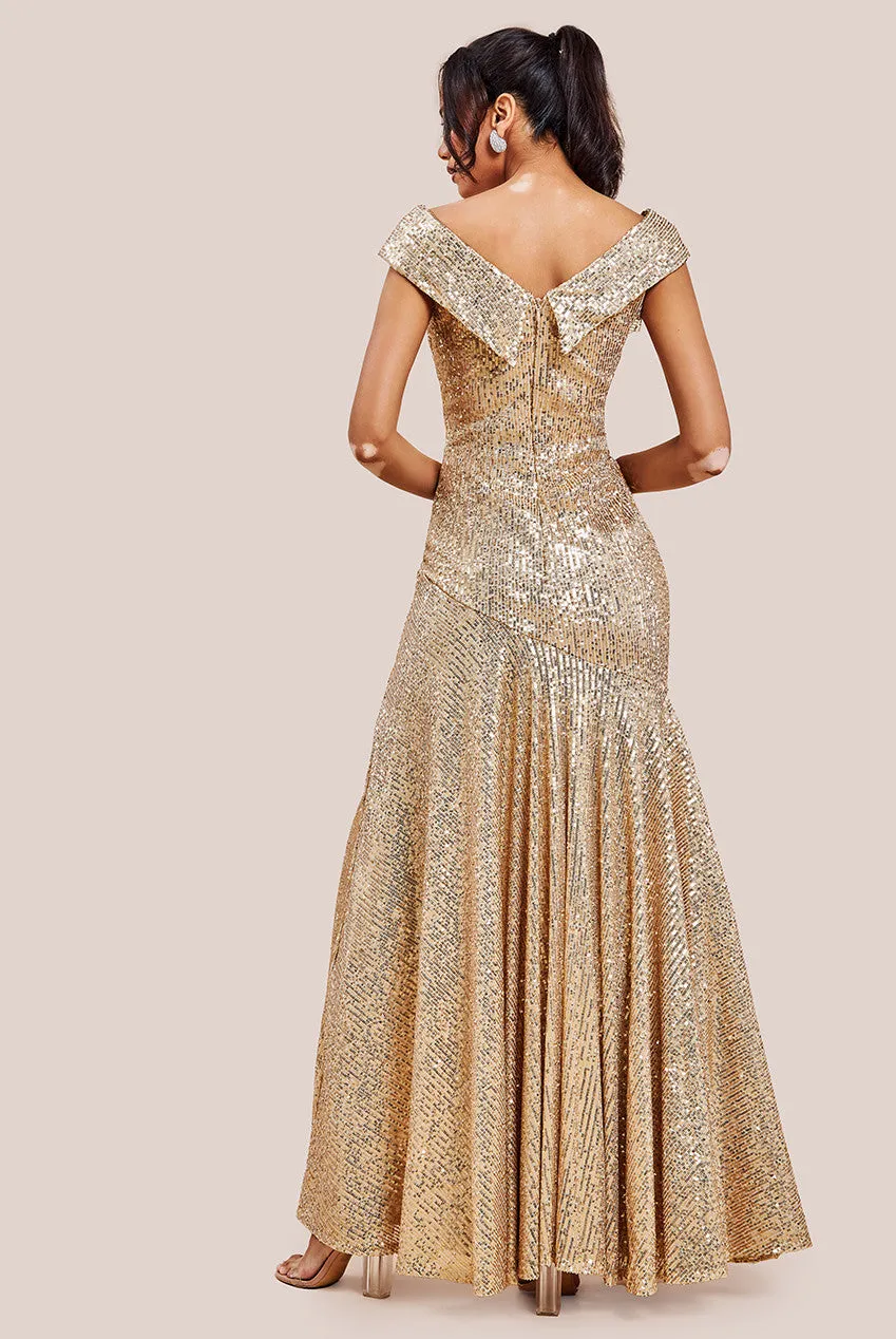 Goddiva Bardot Sequin Pleated Maxi Dress - Gold