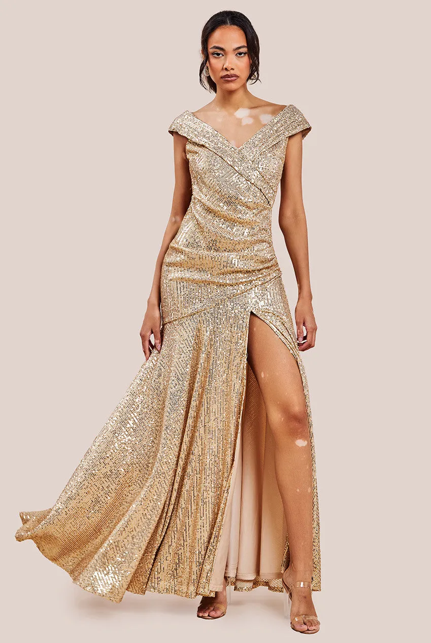 Goddiva Bardot Sequin Pleated Maxi Dress - Gold