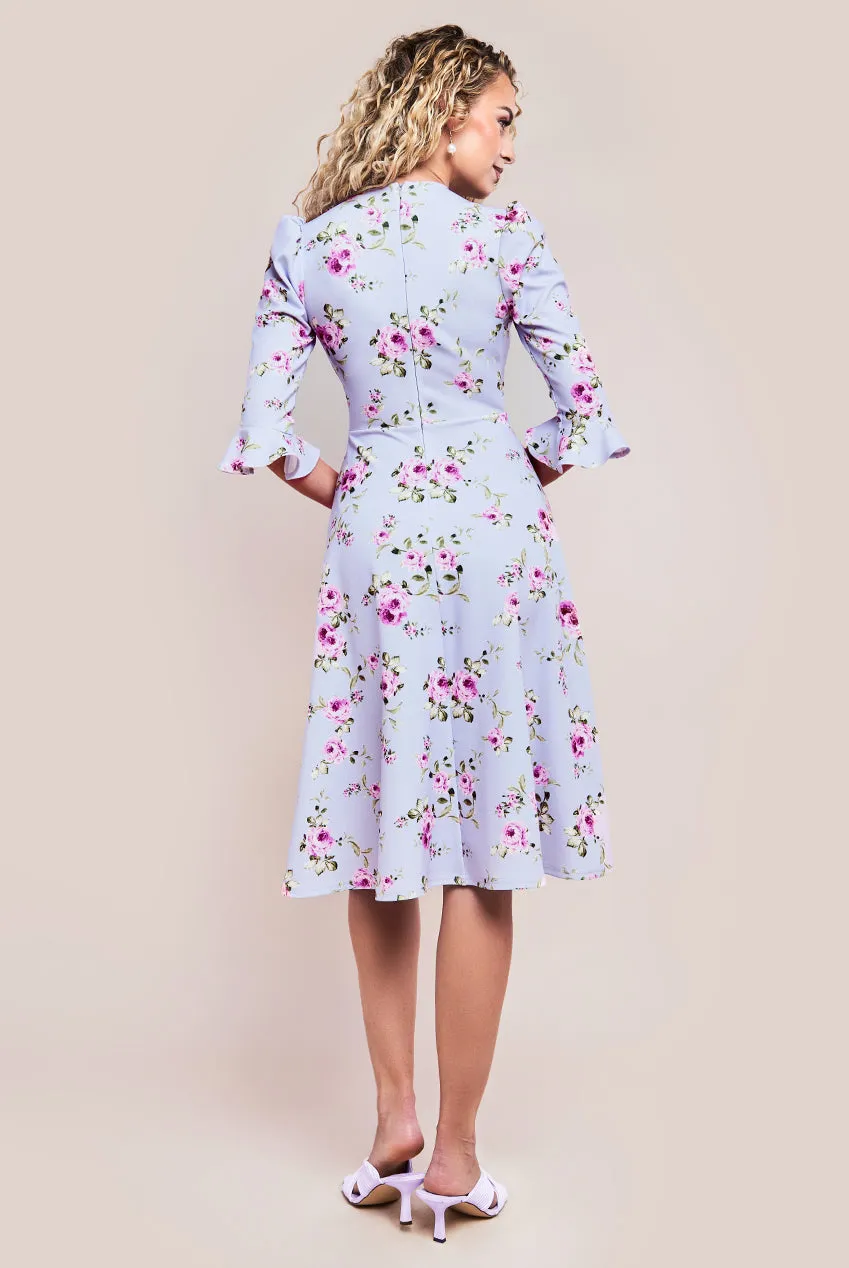 Goddiva Floral Printed Flared Sleeve Midi - Lilac