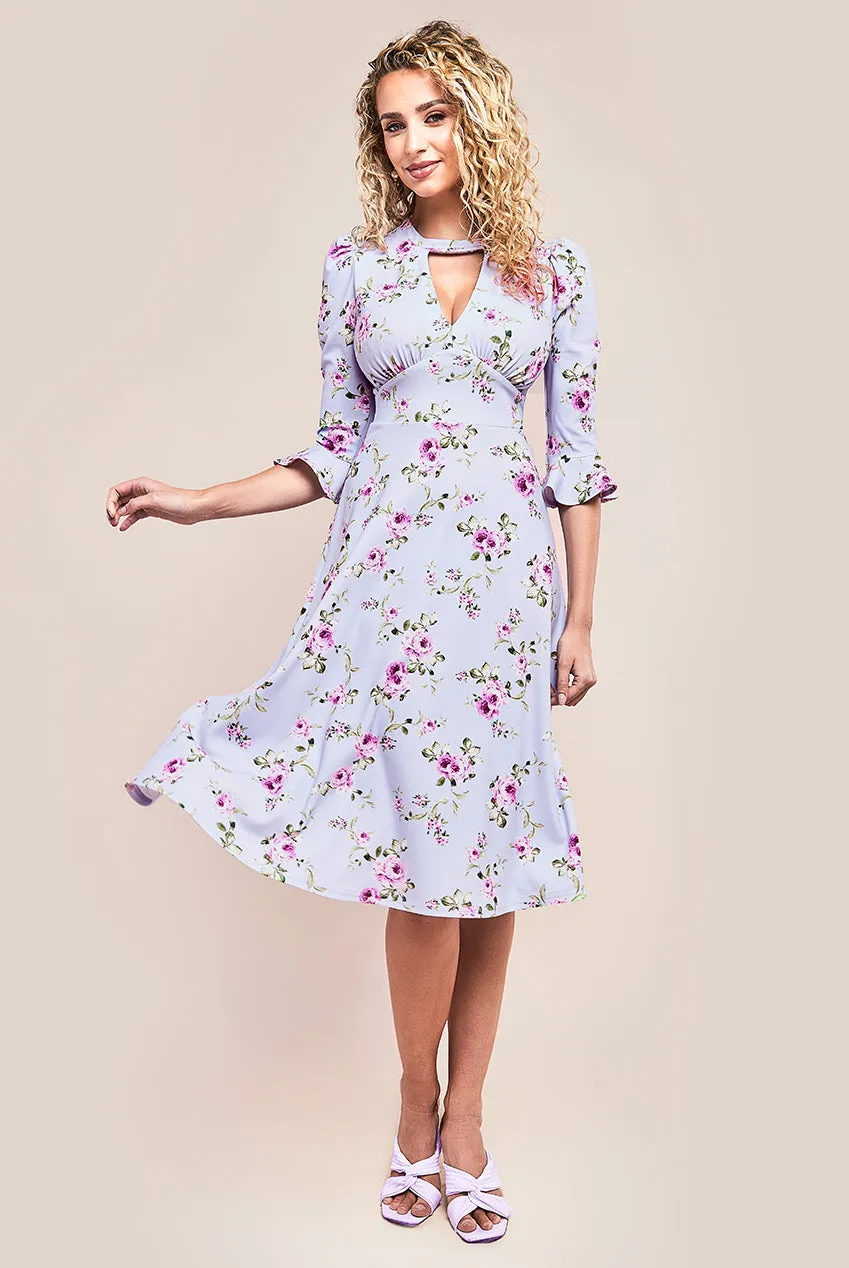 Goddiva Floral Printed Flared Sleeve Midi - Lilac