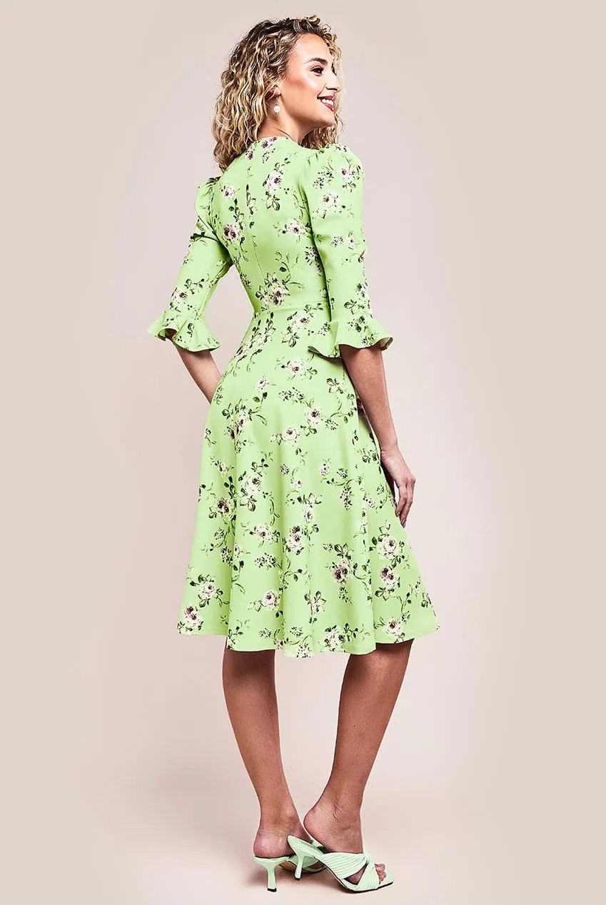 Goddiva Floral Printed Flared Sleeve Midi - Sage Green