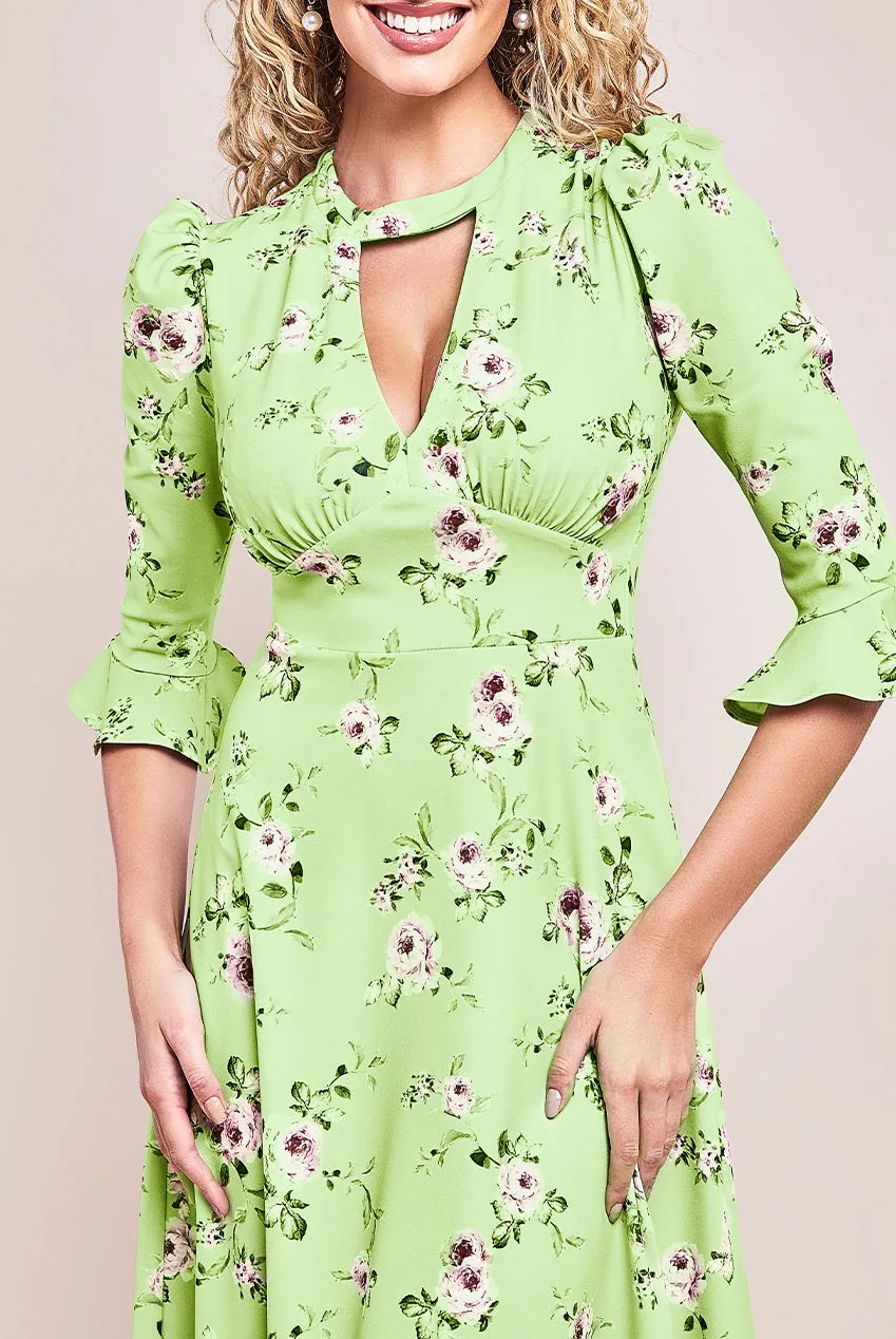 Goddiva Floral Printed Flared Sleeve Midi - Sage Green