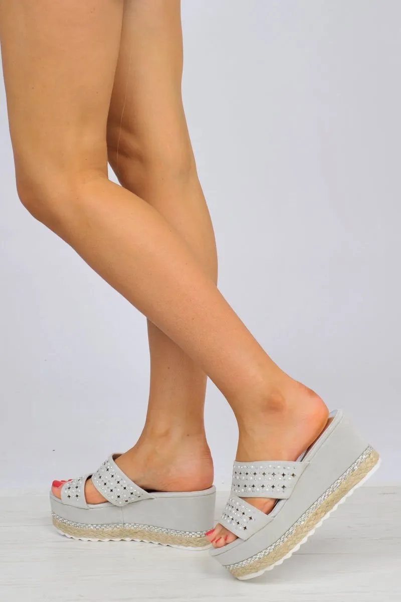 Grey Diamante Double Strap Flatform Sandals - Thang