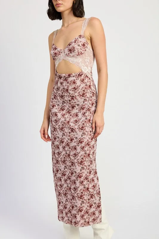 Hot Girl Bohemian Bloom Lace Contrast Floral Maxi Dress In Merlot