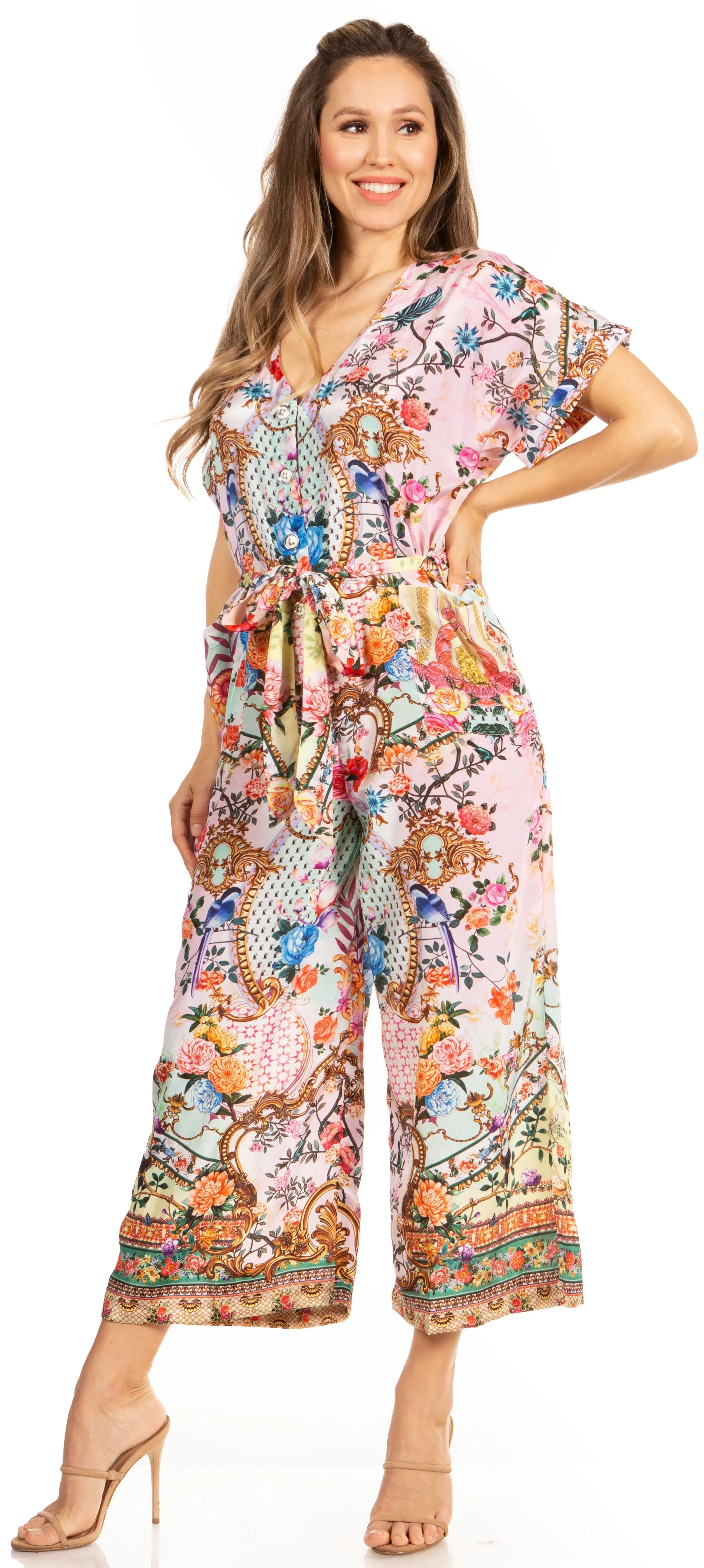 Irise Women's Casual Boho Jumpsuit with Short Sleeves, V-Neck, and Floral Print - Includes Pockets by Sakkas