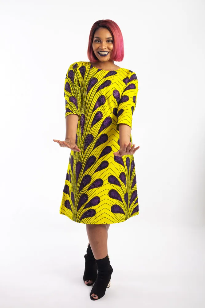 Jewelled Ankara Dress with pockets  - Yellow and Purple