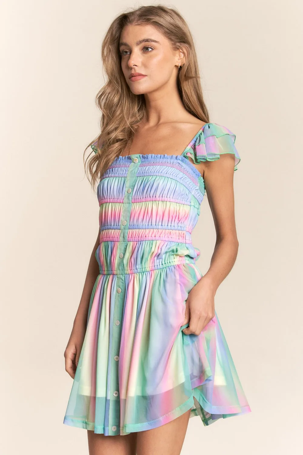 J.NNA Rainbow Smocked Mini Mesh Dress