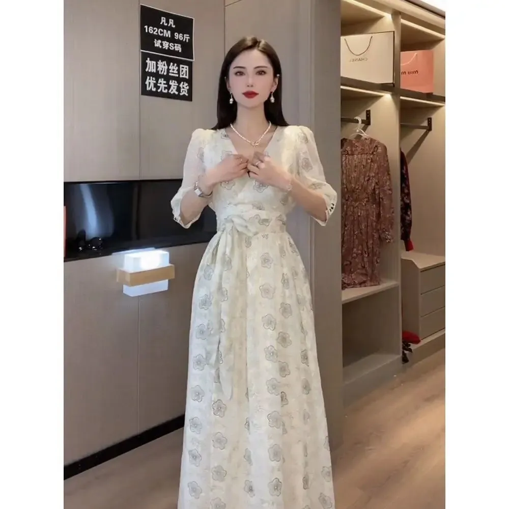 Korean Fashion Puff Sleeve Floral Dress Loose Waist With Bandage New Women's Summer Dresses Elegant Casual Midi Vestidos Mujer