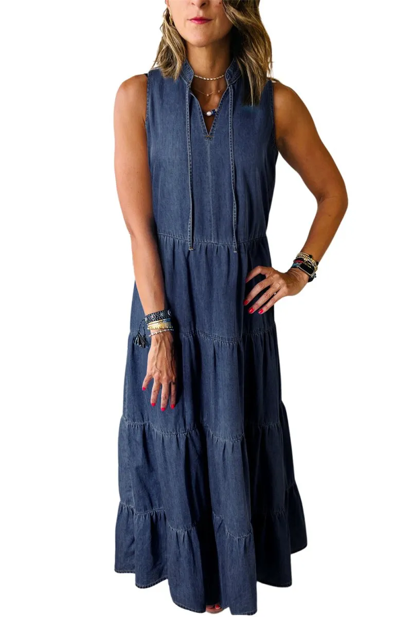 Long Chambray Tiered Maxi Denim Dress