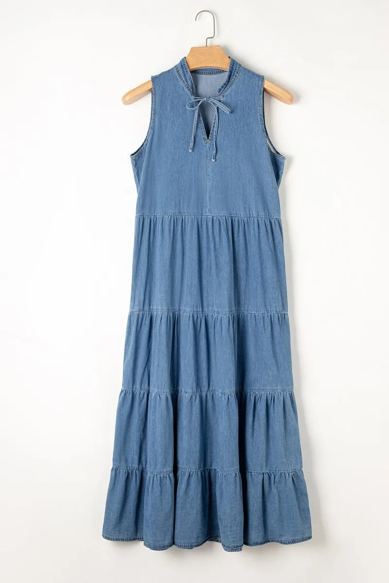 Long Chambray Tiered Maxi Denim Dress