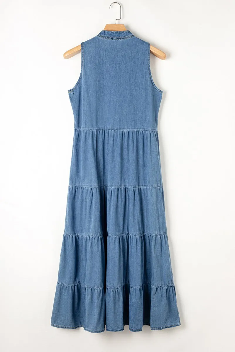 Long Chambray Tiered Maxi Denim Dress