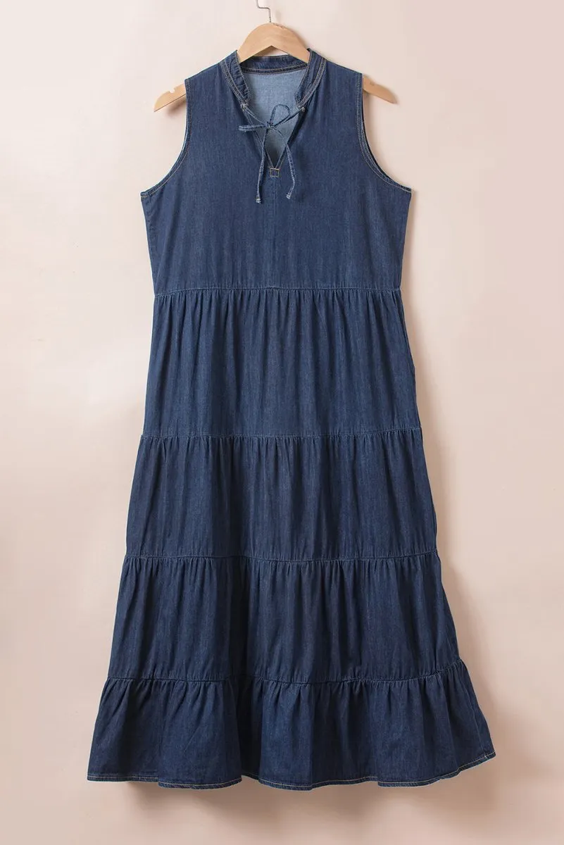 Long Chambray Tiered Maxi Denim Dress