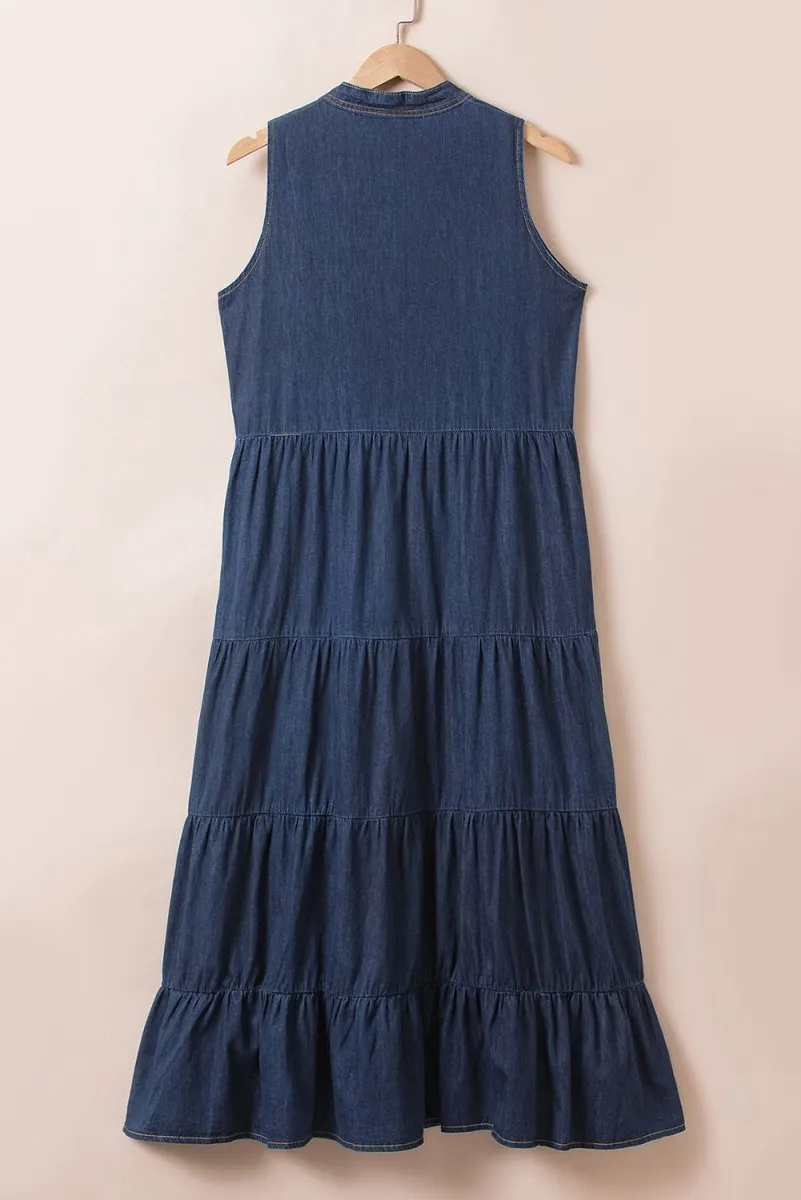 Long Chambray Tiered Maxi Denim Dress