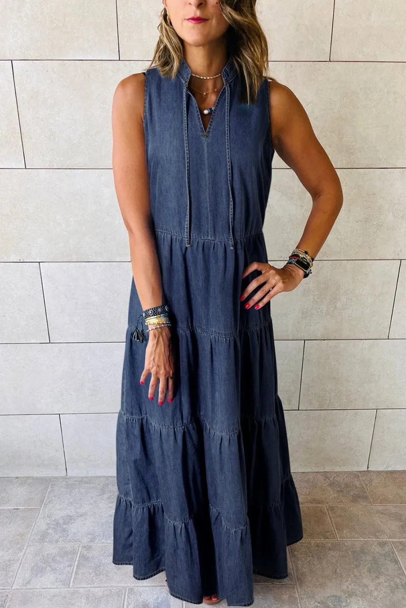 Long Chambray Tiered Maxi Denim Dress