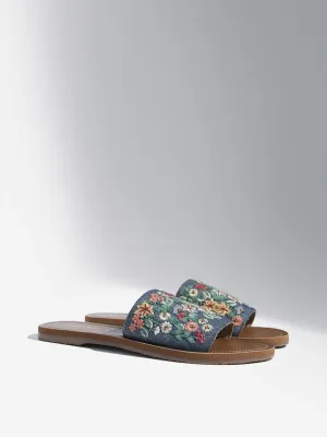 LUNA BLU Blue Floral Embroidered Denim Slides