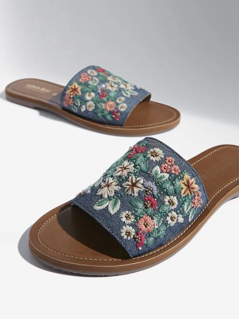 LUNA BLU Blue Floral Embroidered Denim Slides