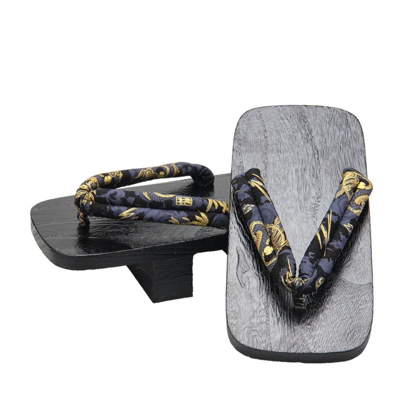 Men Black Two Teeth Geta Wooden Sandals 【Golden Dragon】