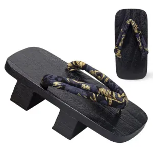 Men Black Two Teeth Geta Wooden Sandals 【Golden Dragon】