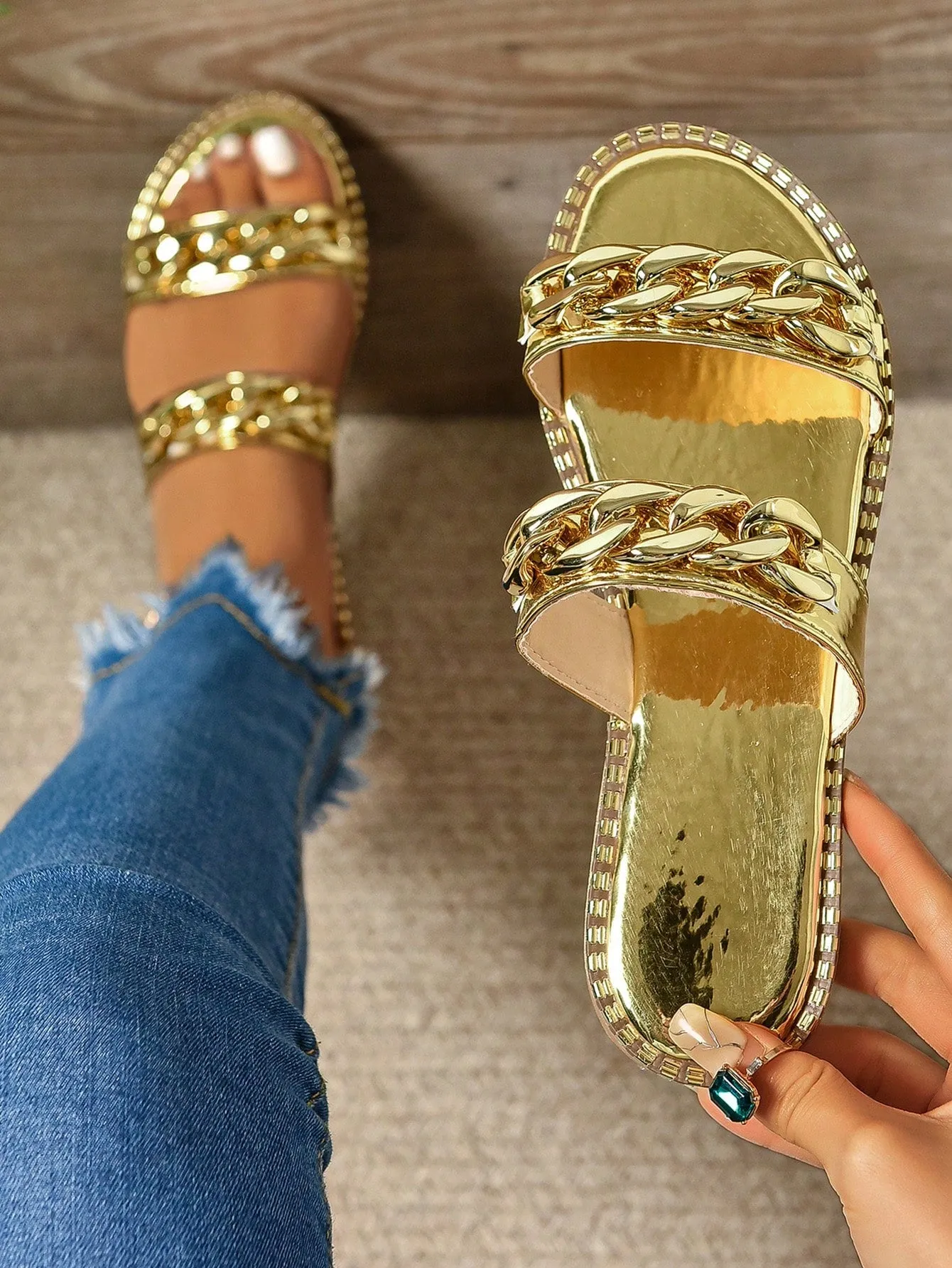 Metallic Buckle Flat Sandals