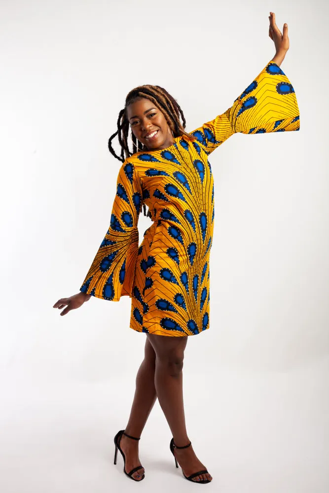 Mini Ankara Dress with bell sleeves embellished with Rhinestones