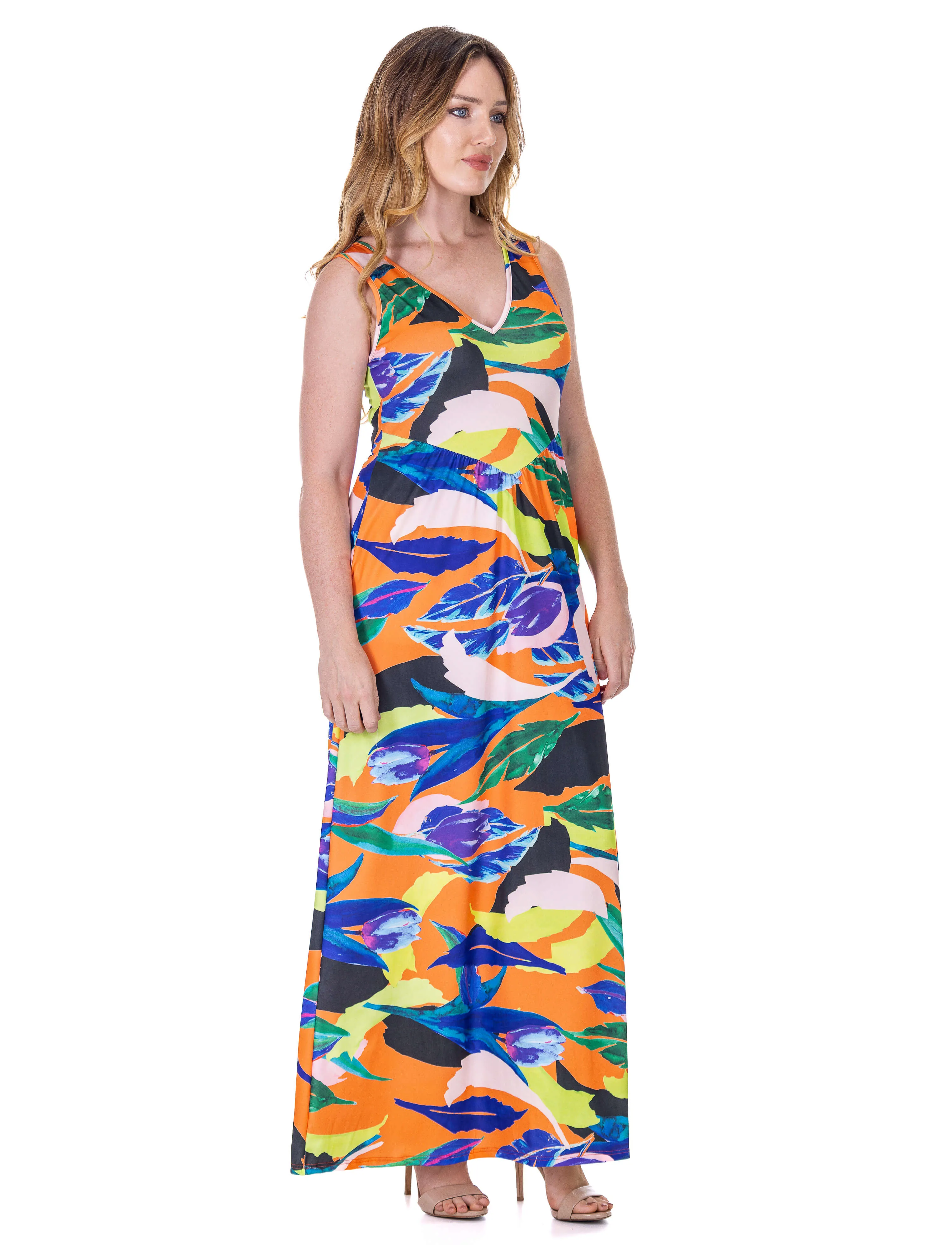 Multicolor Floral Sleeveless V Neck Maxi Dress With Pockets