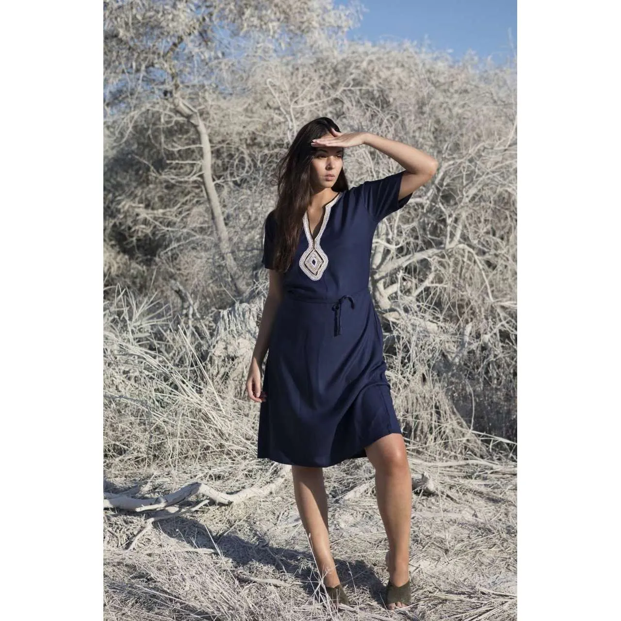 Navy Blue Diamond Pattern Carla Embroidery Tunic Dress-Moroccan Dress