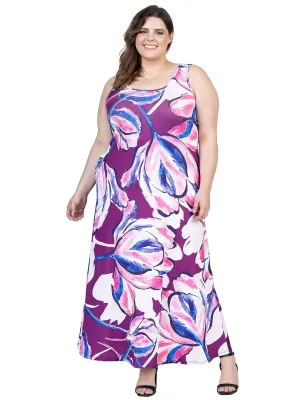 Plus Size Casual Purple Floral Scoop Neck Sleeveless Maxi Dress With Pockets