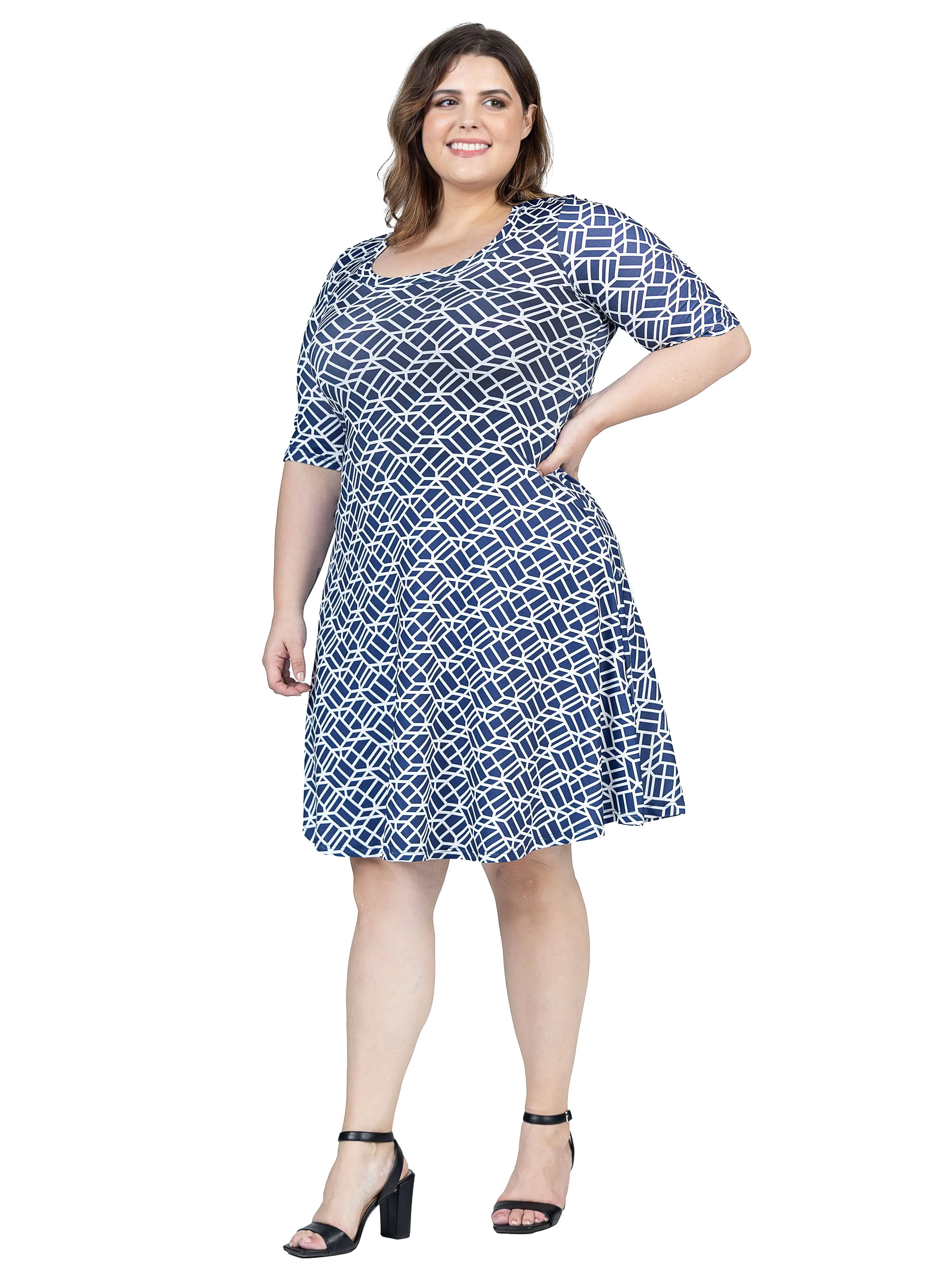 Plus Size Navy Geometric Print Knee Length Elbow Sleeve Dress