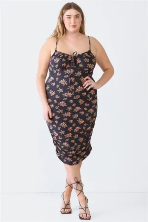 Plus Size Ruched Floral Square Neck Cami Dress - 2 colors