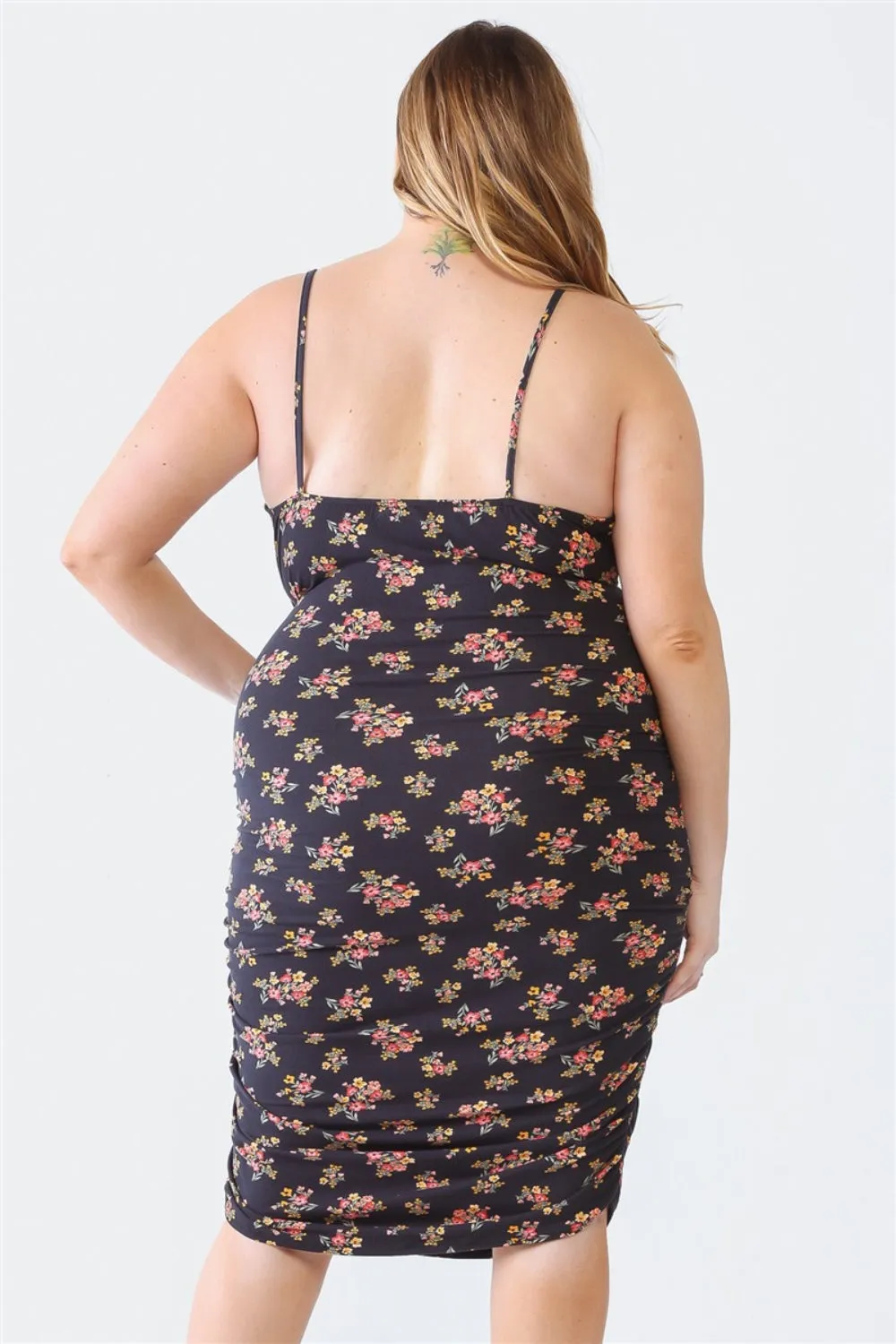 Plus Size Ruched Floral Square Neck Cami Dress - 2 colors