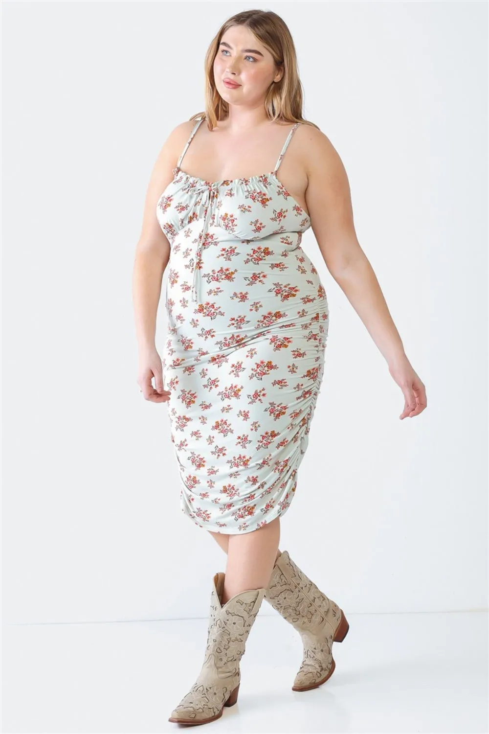 Plus Size Ruched Floral Square Neck Cami Dress - 2 colors