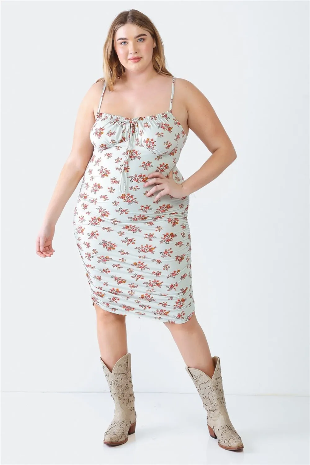 Plus Size Ruched Floral Square Neck Cami Dress - 2 colors