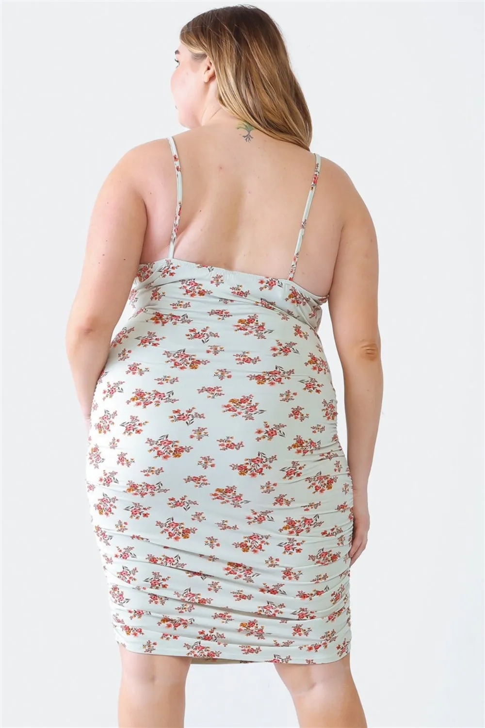 Plus Size Ruched Floral Square Neck Cami Dress - 2 colors