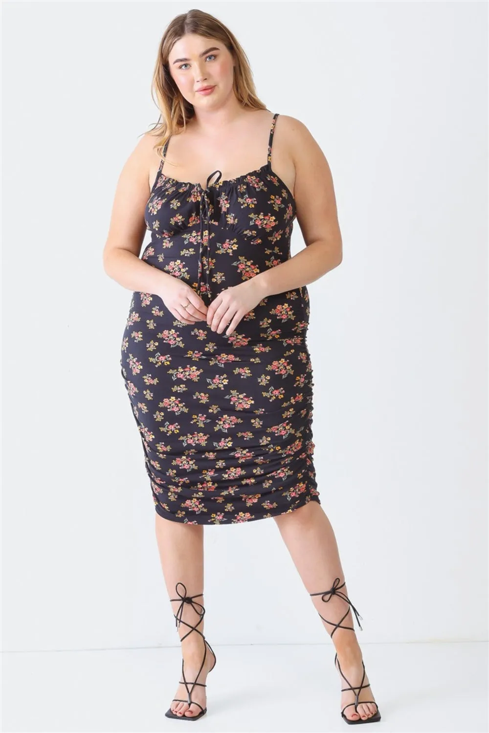 Plus Size Ruched Floral Square Neck Cami Dress - 2 colors