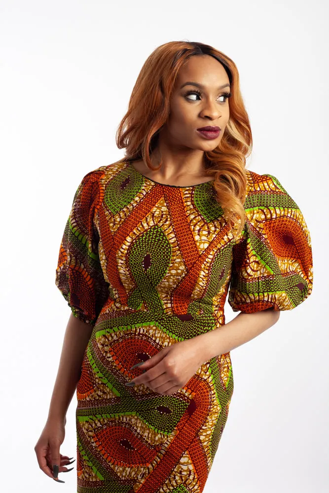 Puff sleeve Ankara Dress embellished with Rhinestones