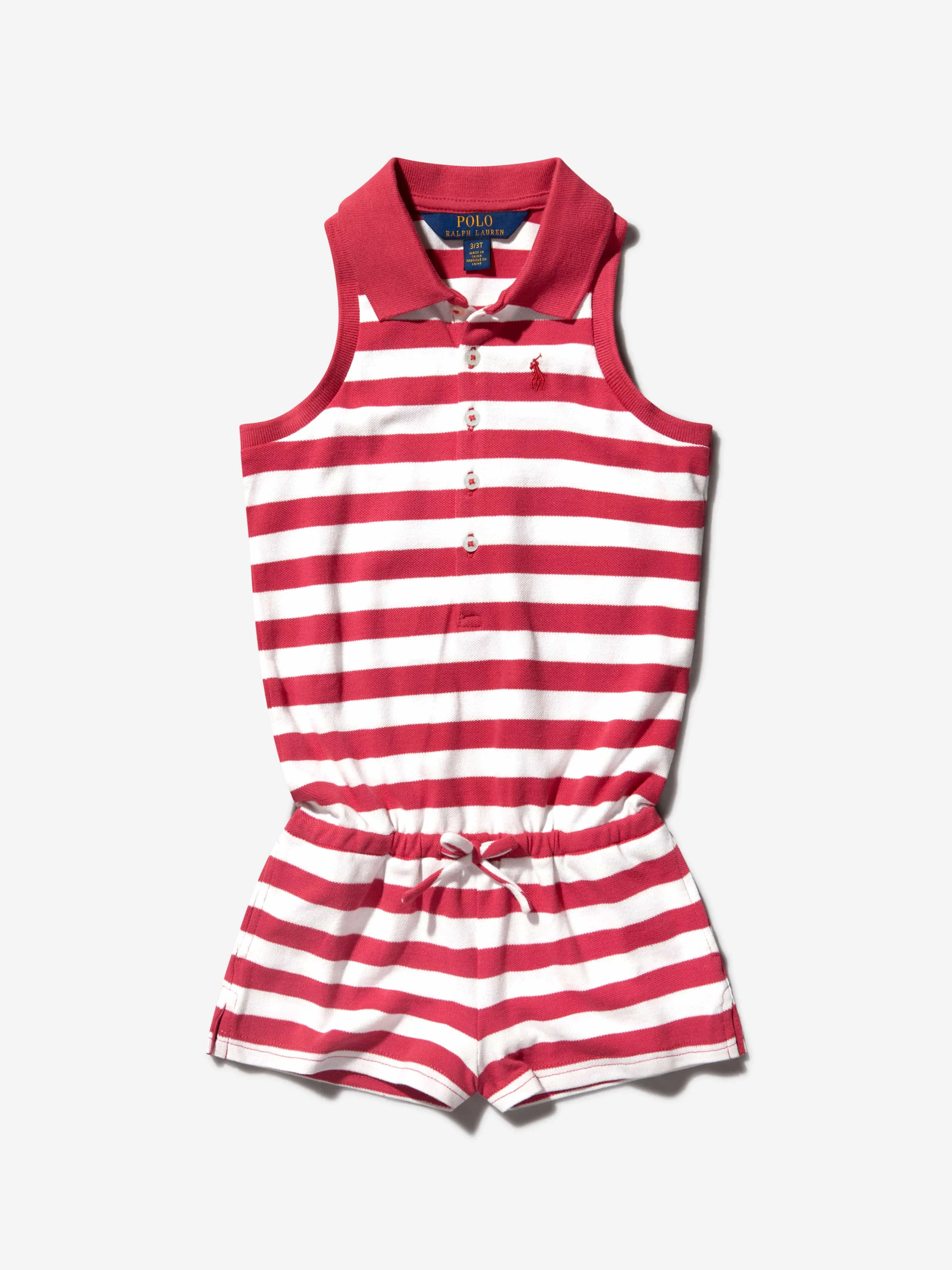 Ralph Lauren Girls Red Striped Cotton Polo Playsuit