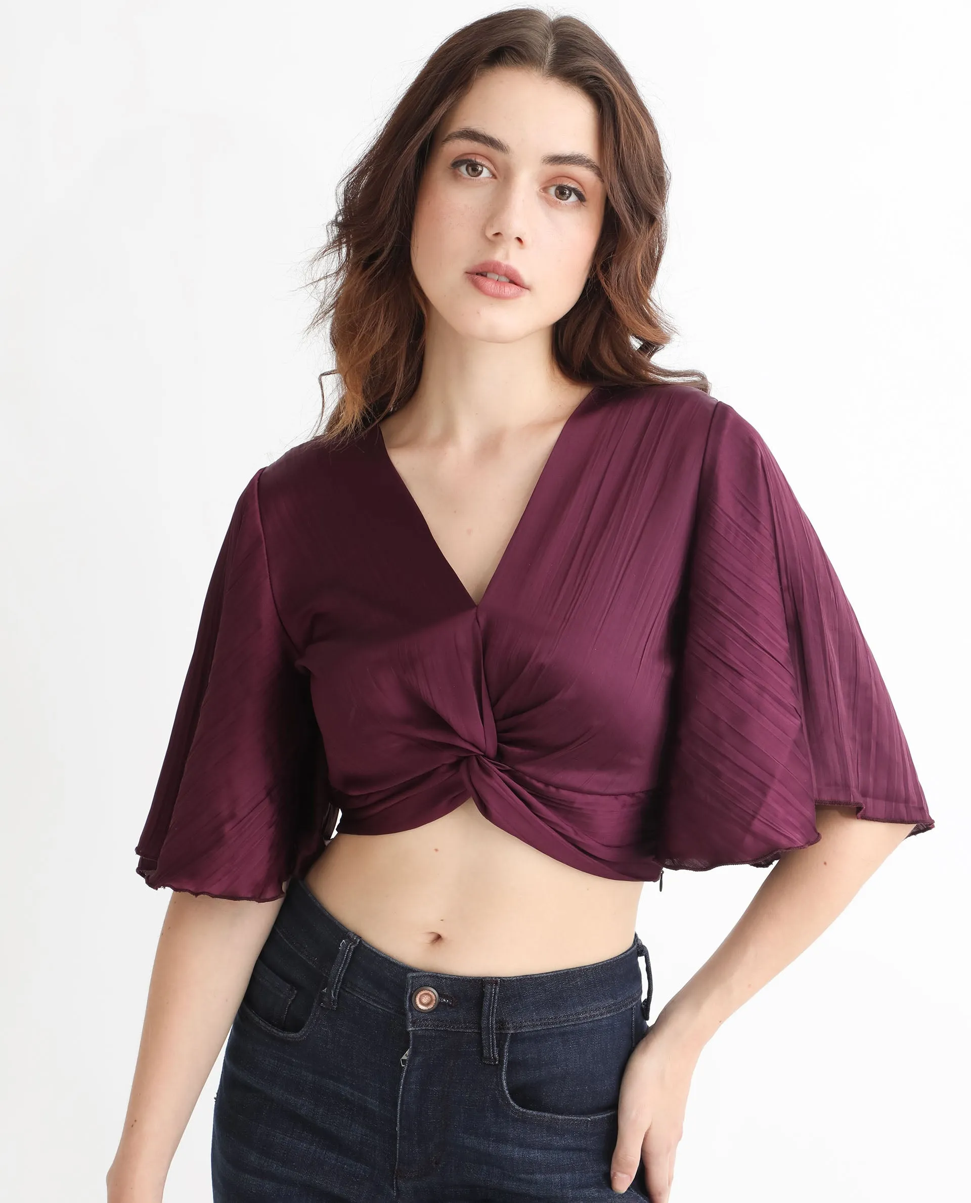 Rareism Women Ainara Dark Purple Polyester Fabric Regular Fit Cropped V-Neck Half Sleeves Solid Top