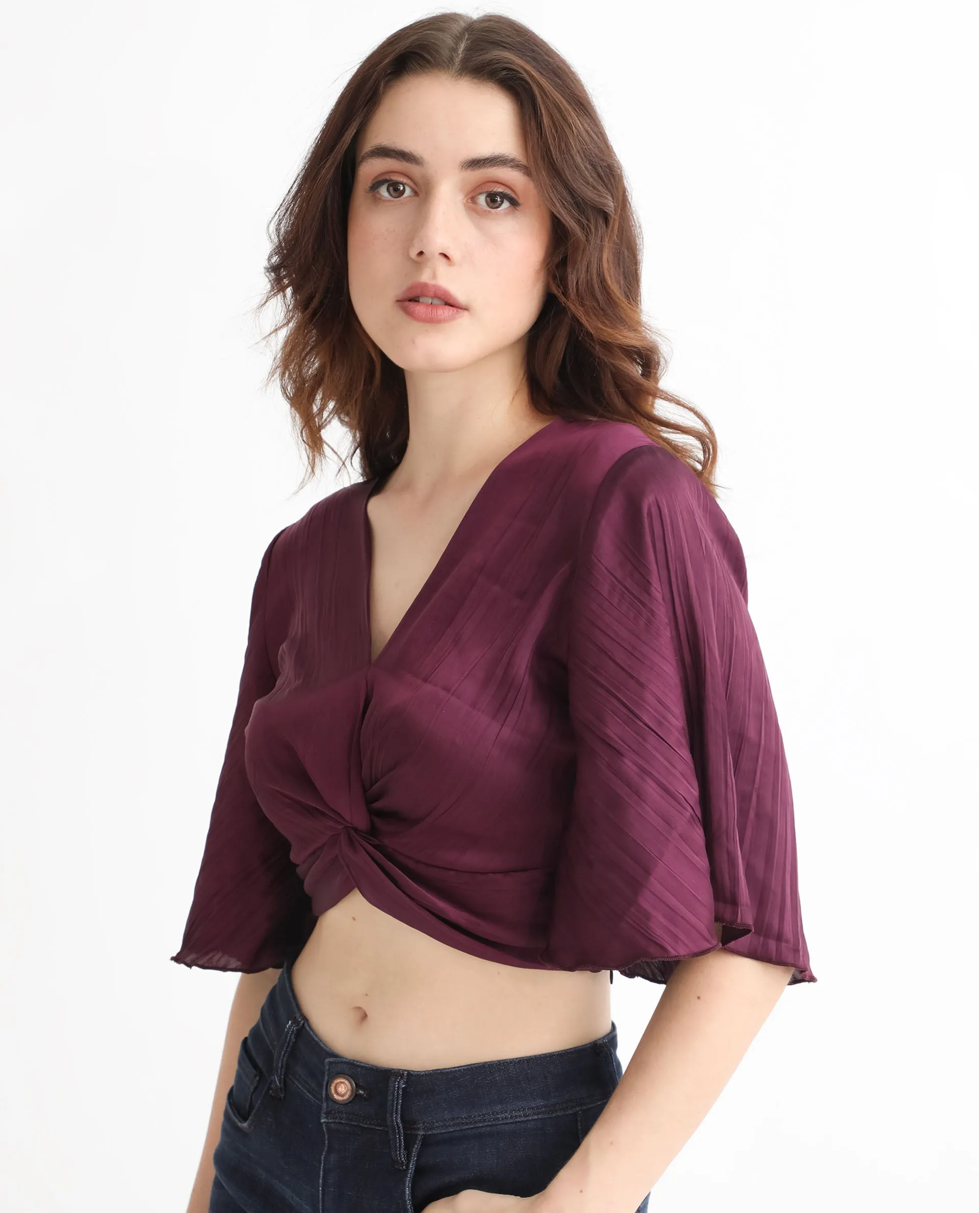 Rareism Women Ainara Dark Purple Polyester Fabric Regular Fit Cropped V-Neck Half Sleeves Solid Top