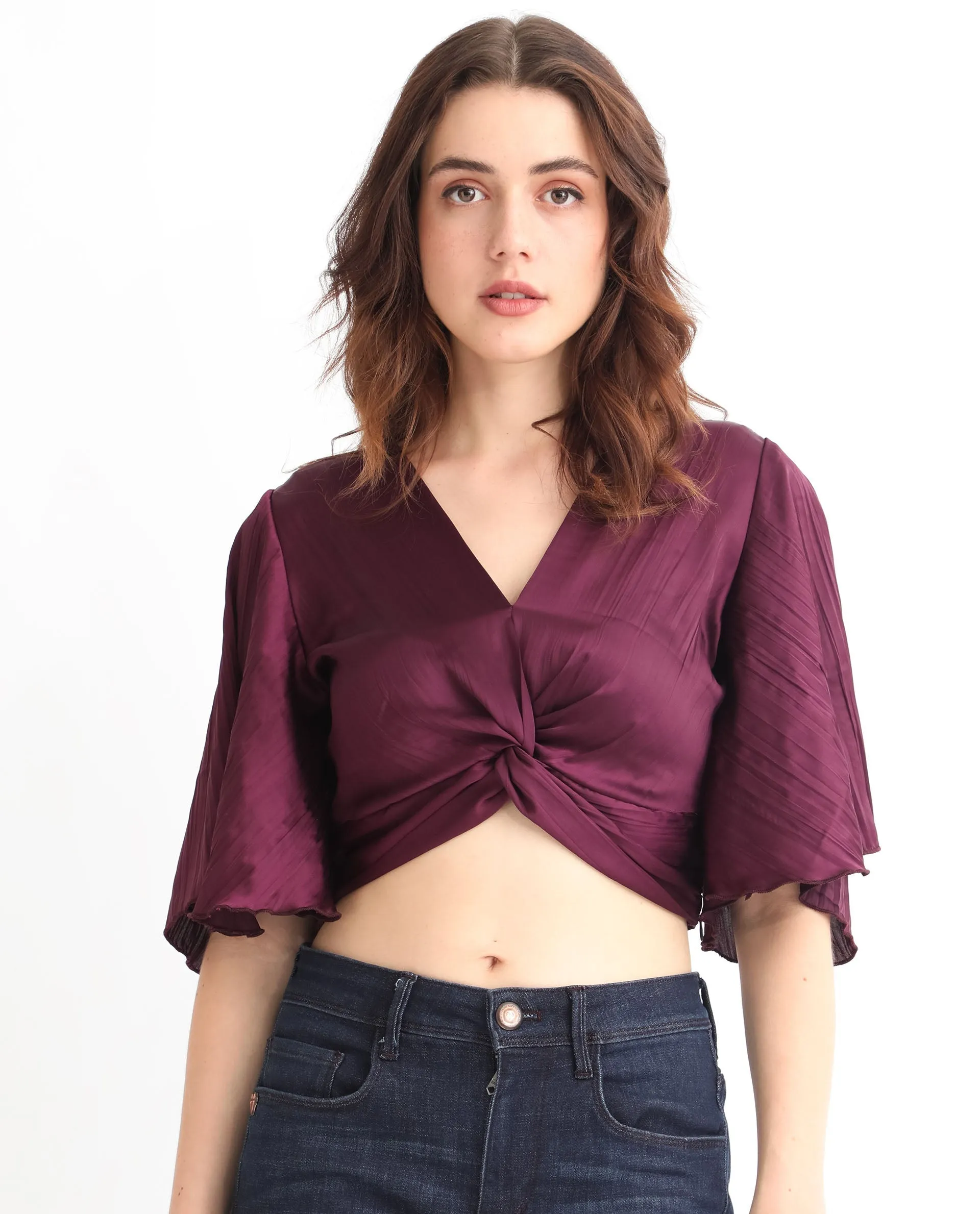 Rareism Women Ainara Dark Purple Polyester Fabric Regular Fit Cropped V-Neck Half Sleeves Solid Top