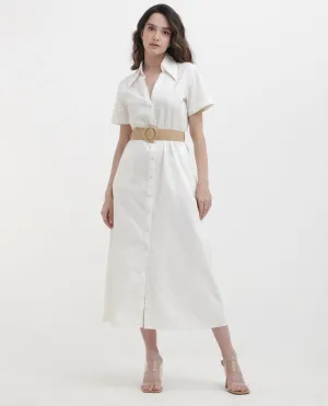 Rareism Women Ania White Cotton Fabric Short Sleeve Collared Neck Solid Regular Length Dress