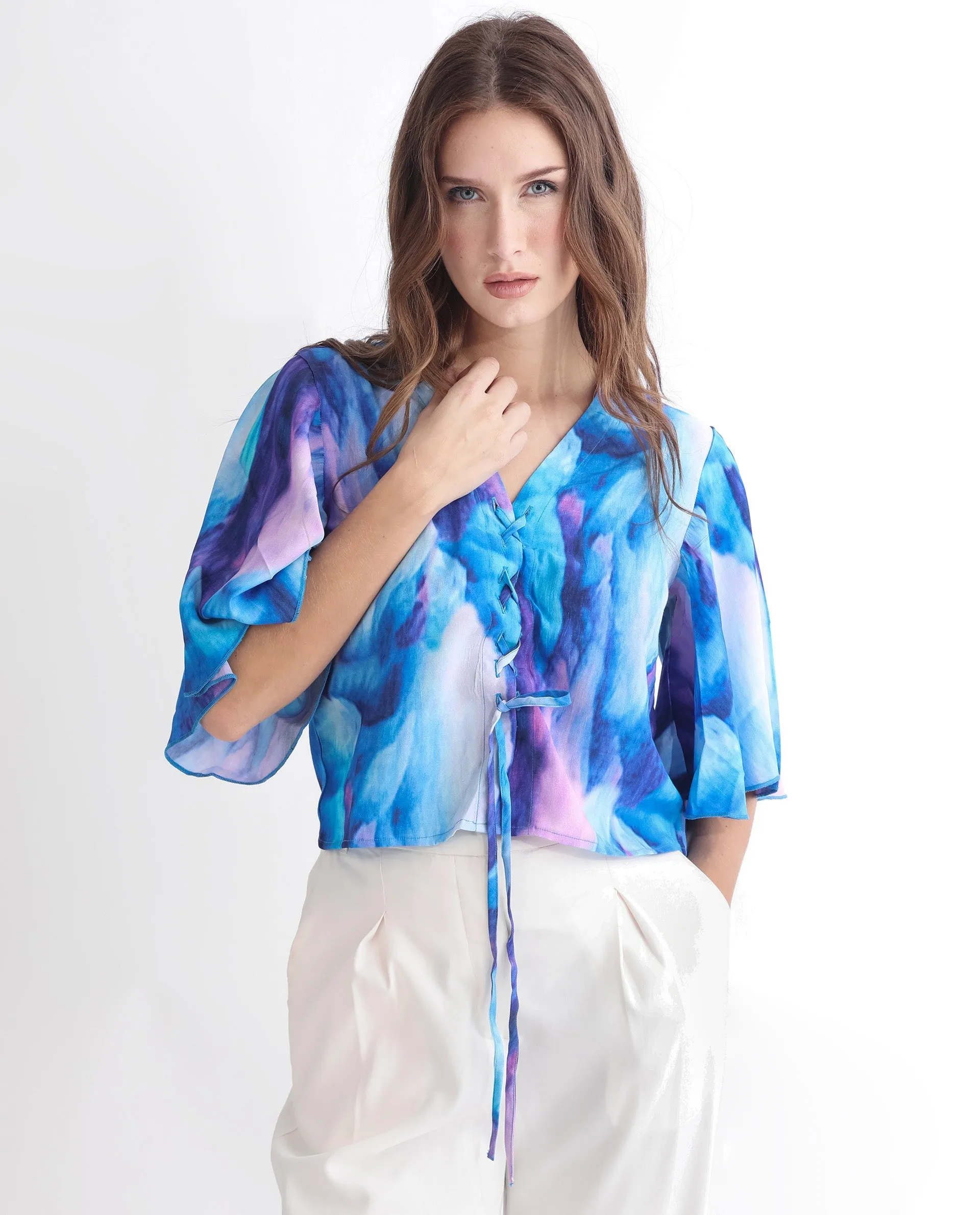 Rareism Women Eltop Blue Polyester Fabric Short Sleeves Drawstring Closure V-Neck Flared Sleeve Relaxed Fit Abstract Print Cropped Top