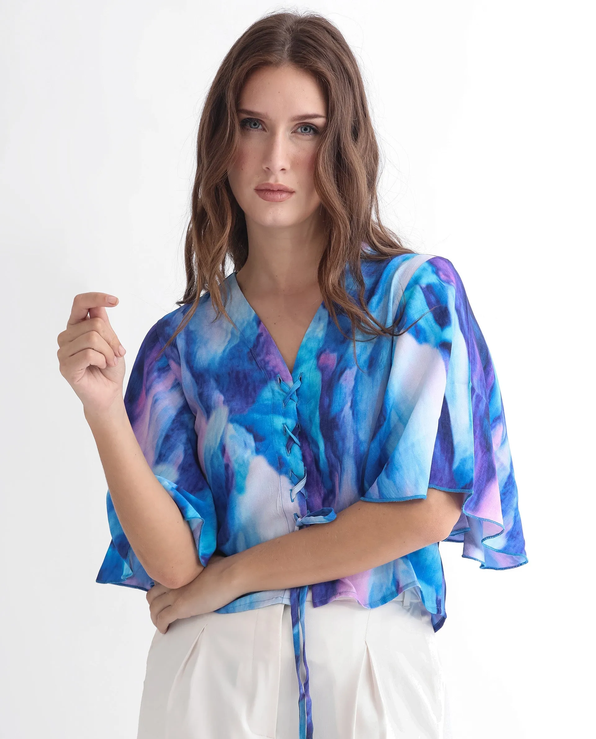 Rareism Women Eltop Blue Polyester Fabric Short Sleeves Drawstring Closure V-Neck Flared Sleeve Relaxed Fit Abstract Print Cropped Top