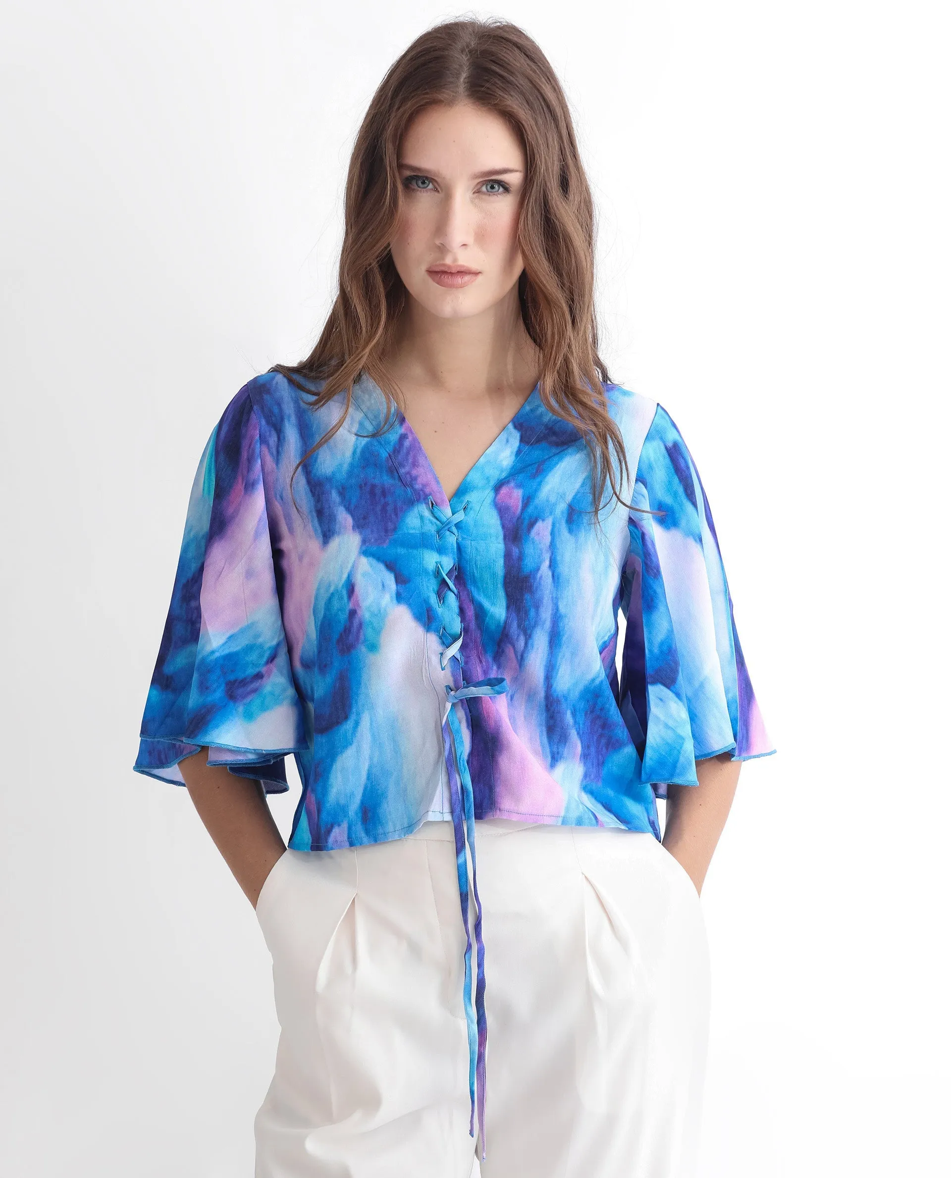 Rareism Women Eltop Blue Polyester Fabric Short Sleeves Drawstring Closure V-Neck Flared Sleeve Relaxed Fit Abstract Print Cropped Top