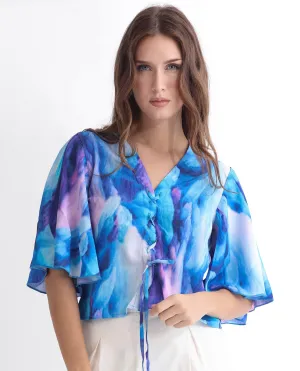 Rareism Women Eltop Blue Polyester Fabric Short Sleeves Drawstring Closure V-Neck Flared Sleeve Relaxed Fit Abstract Print Cropped Top