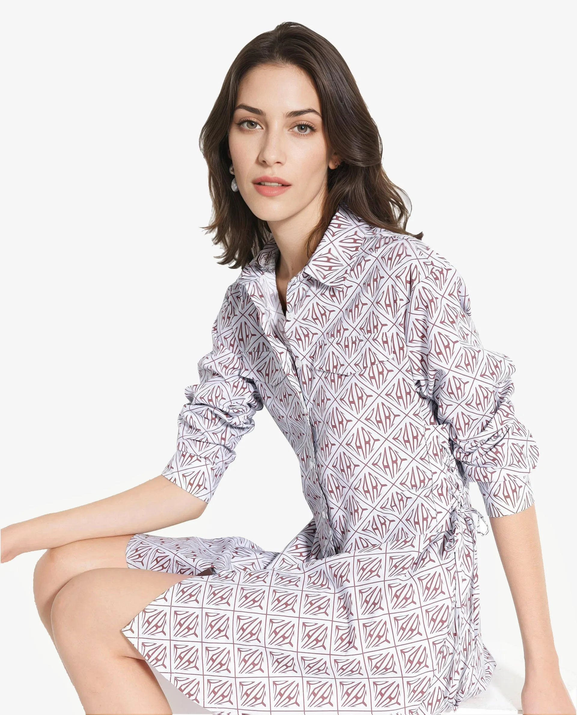 Rareism Women Kacie Blue Cuffed Sleeve Collared Neck Button Closure A-Line Mini Monogram Print Dress