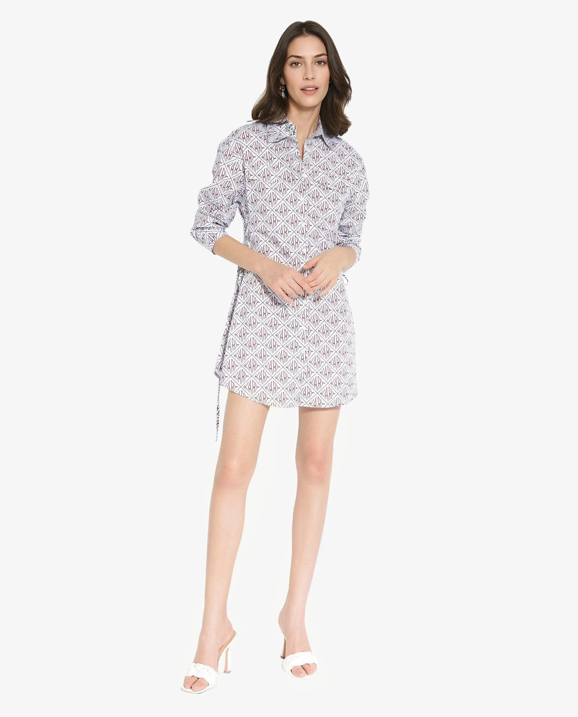 Rareism Women Kacie Blue Cuffed Sleeve Collared Neck Button Closure A-Line Mini Monogram Print Dress