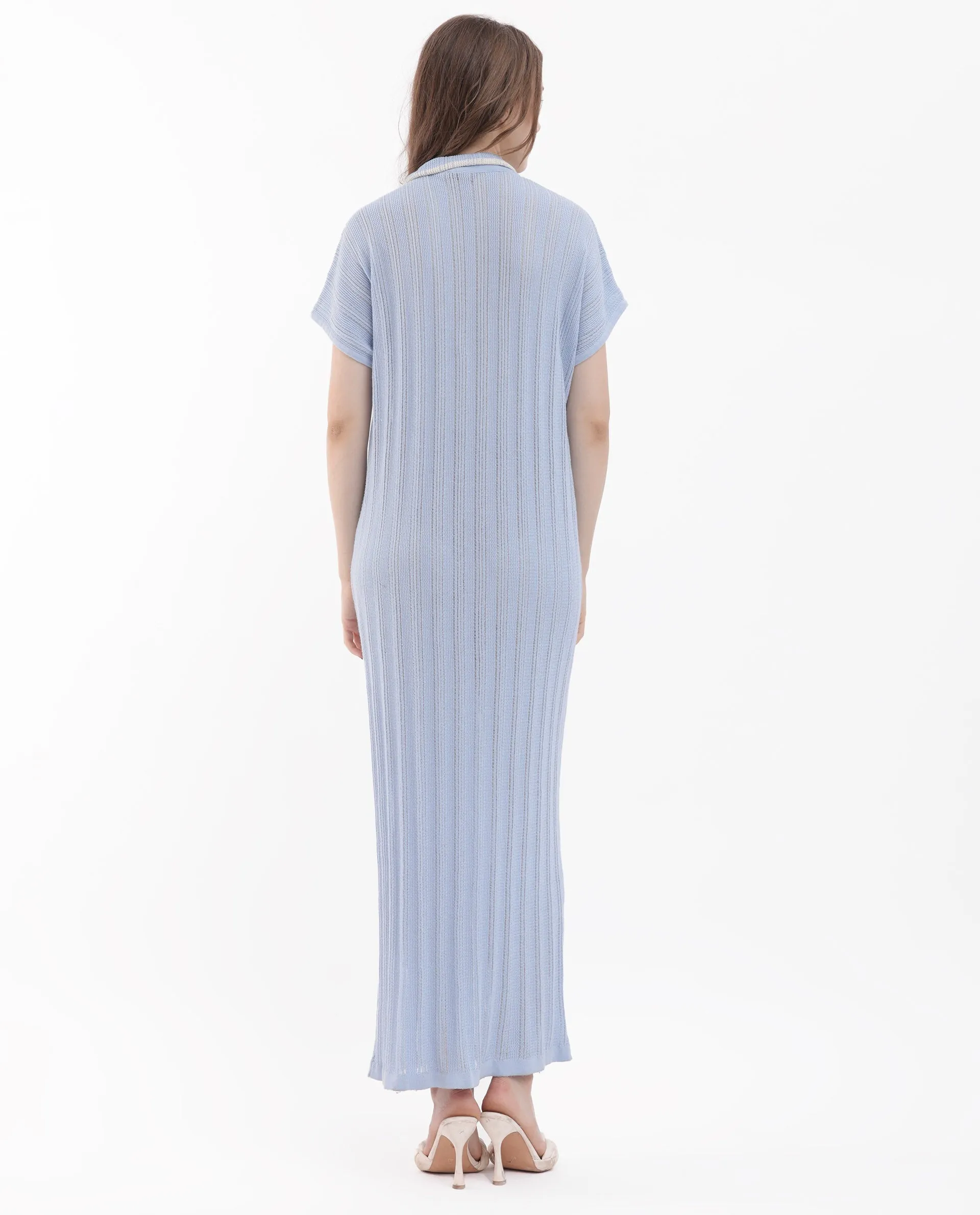 Rareism Women Meyora Light Blue Cotton Fabric Short Sleeves Johnny Collar Extended Sleeve Regular Fit Plain Maxi Dress