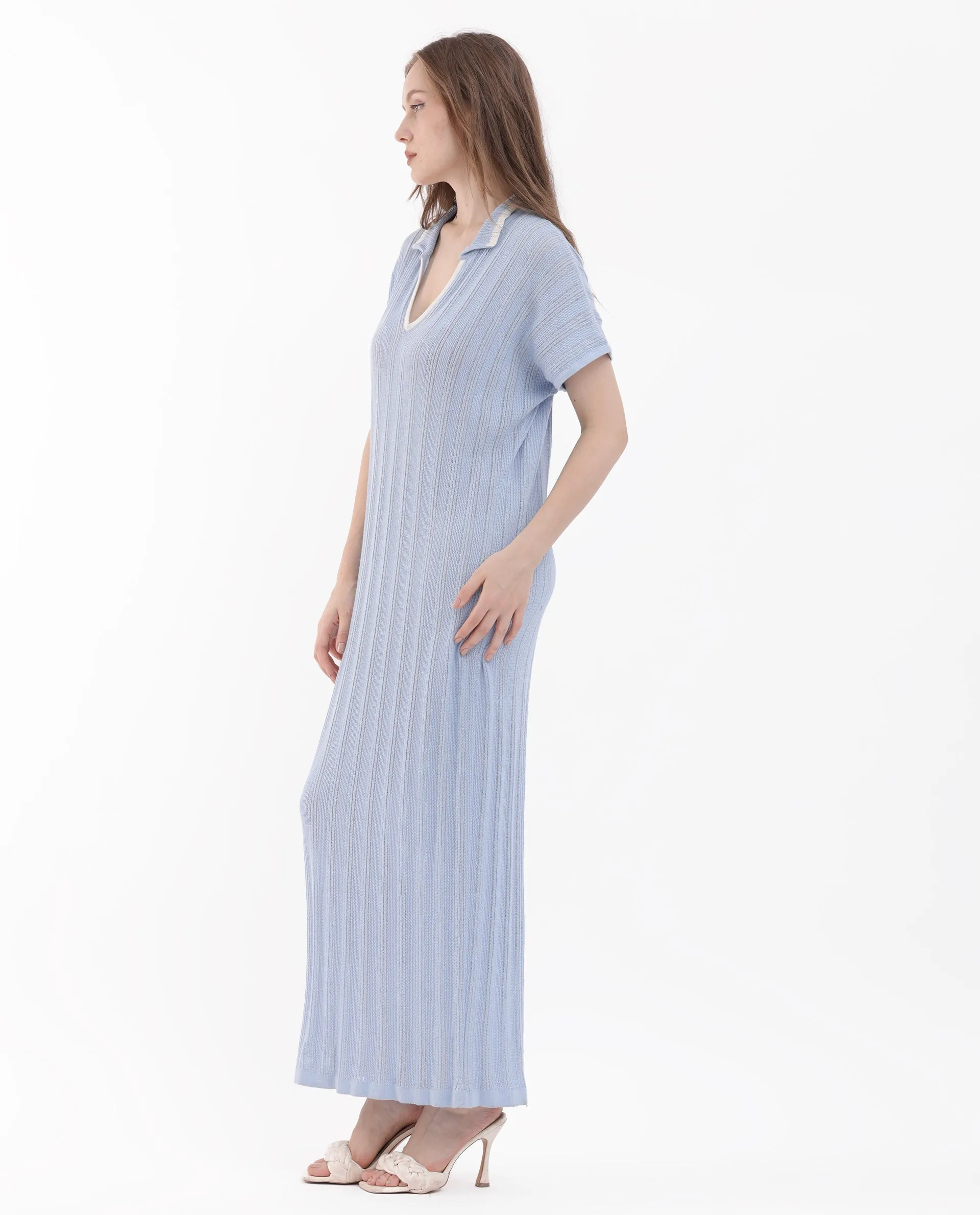 Rareism Women Meyora Light Blue Cotton Fabric Short Sleeves Johnny Collar Extended Sleeve Regular Fit Plain Maxi Dress